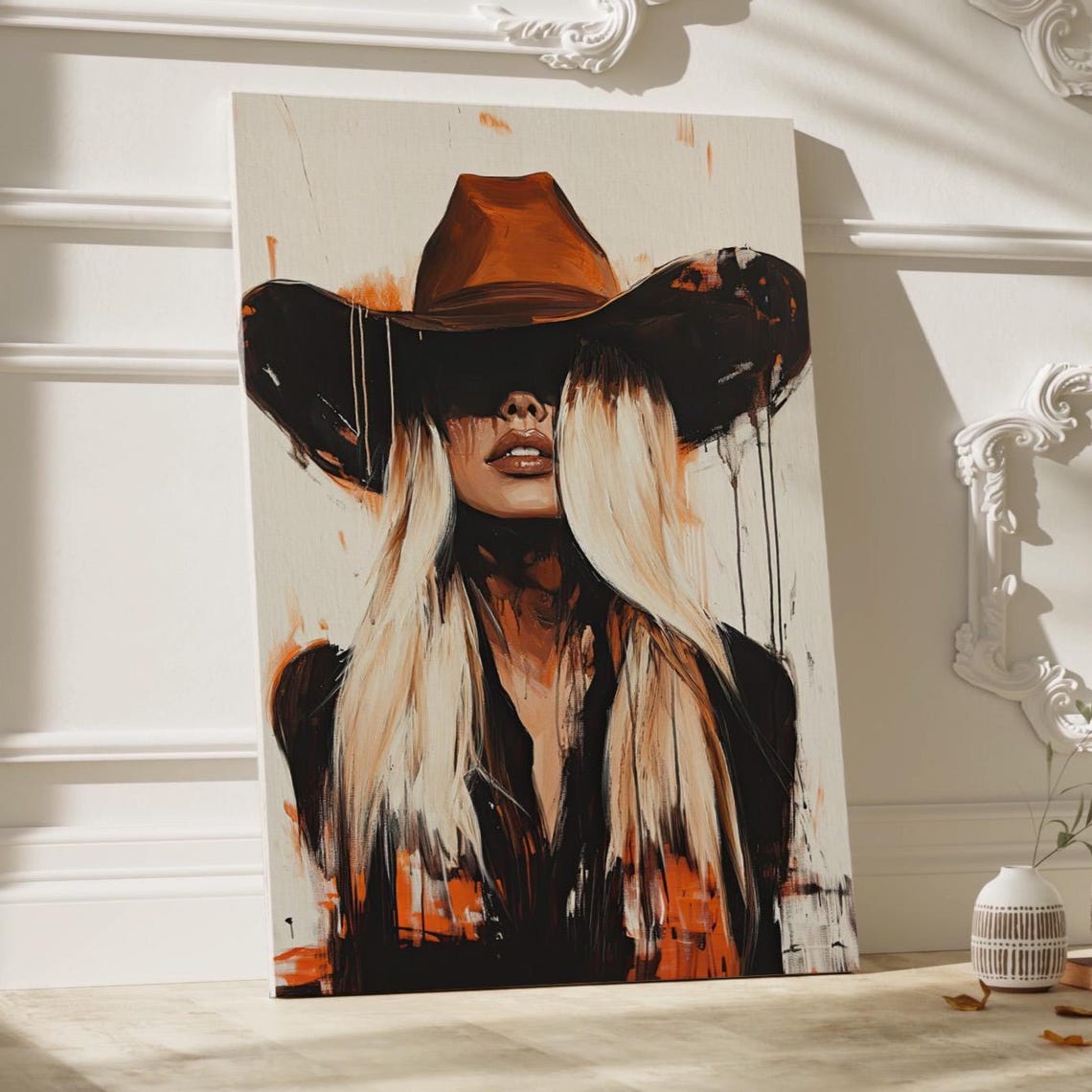 Rustic Cowgirl Woman Portrait Oil Painting Poster Or Canvas Print Western Room Decor For Women Elegant Home Blonde