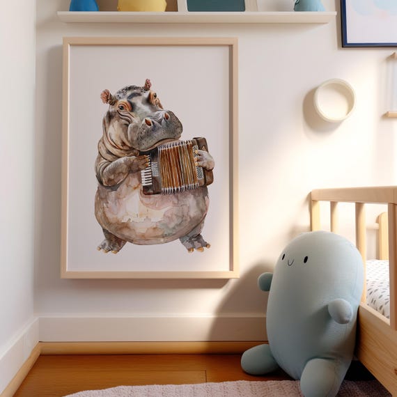 Cute Baby Hippo Playing Accordion Watercolor Portrait Poster Or Canvas Print Playful Minimalist Style Whimsical Kids Room Wall Decor