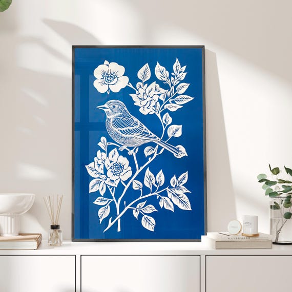 Bird And Flowers Linocut Print Style Blue White Nature Art Poster Or Canvas Minimalist Wall Decor Botanical Block Home