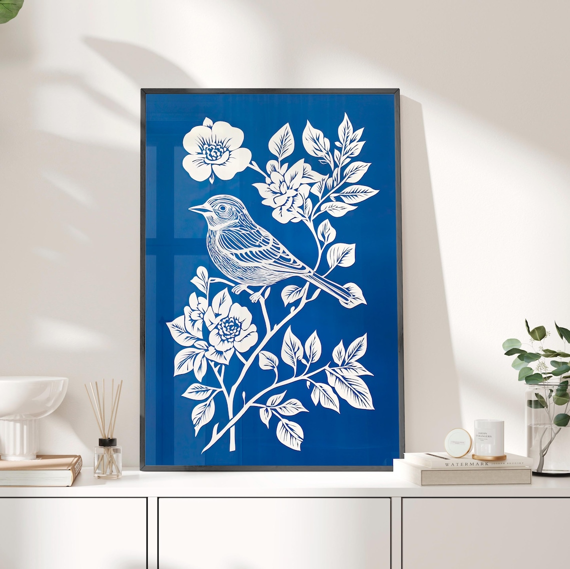 Bird and Blossom Linocut Artwork in White on Cobalt Blue Poster
