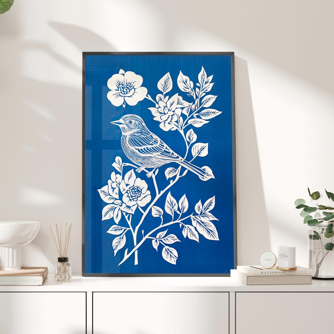Bird And Flowers Linocut Print Style Blue White Nature Art Poster Or Canvas Minimalist Wall Decor Botanical Block Home