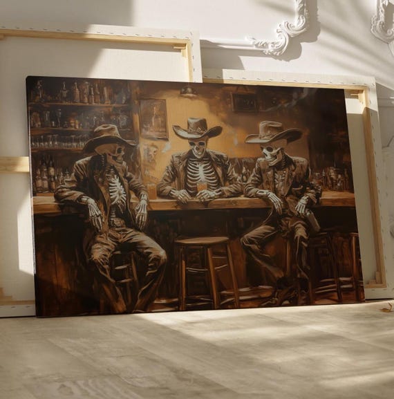 Cowboy Skeletons Saloon Painting Poster Or Canvas Print Western Bar Scene Spooky Rustic Wall Decor Vintage Skeleton Art Home