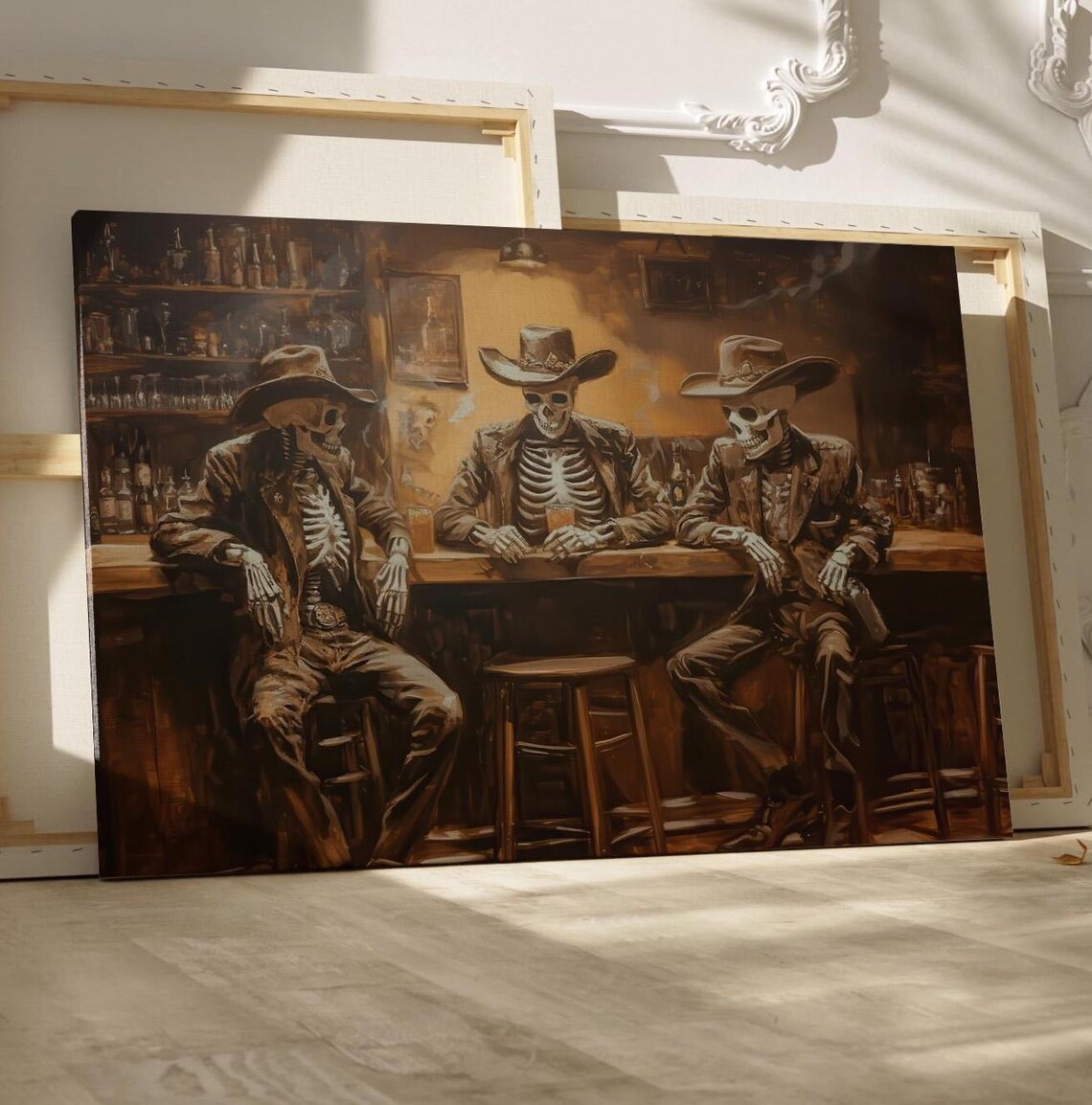 Cowboy Skeletons Saloon Bar Spooky Western Painting Art Poster
