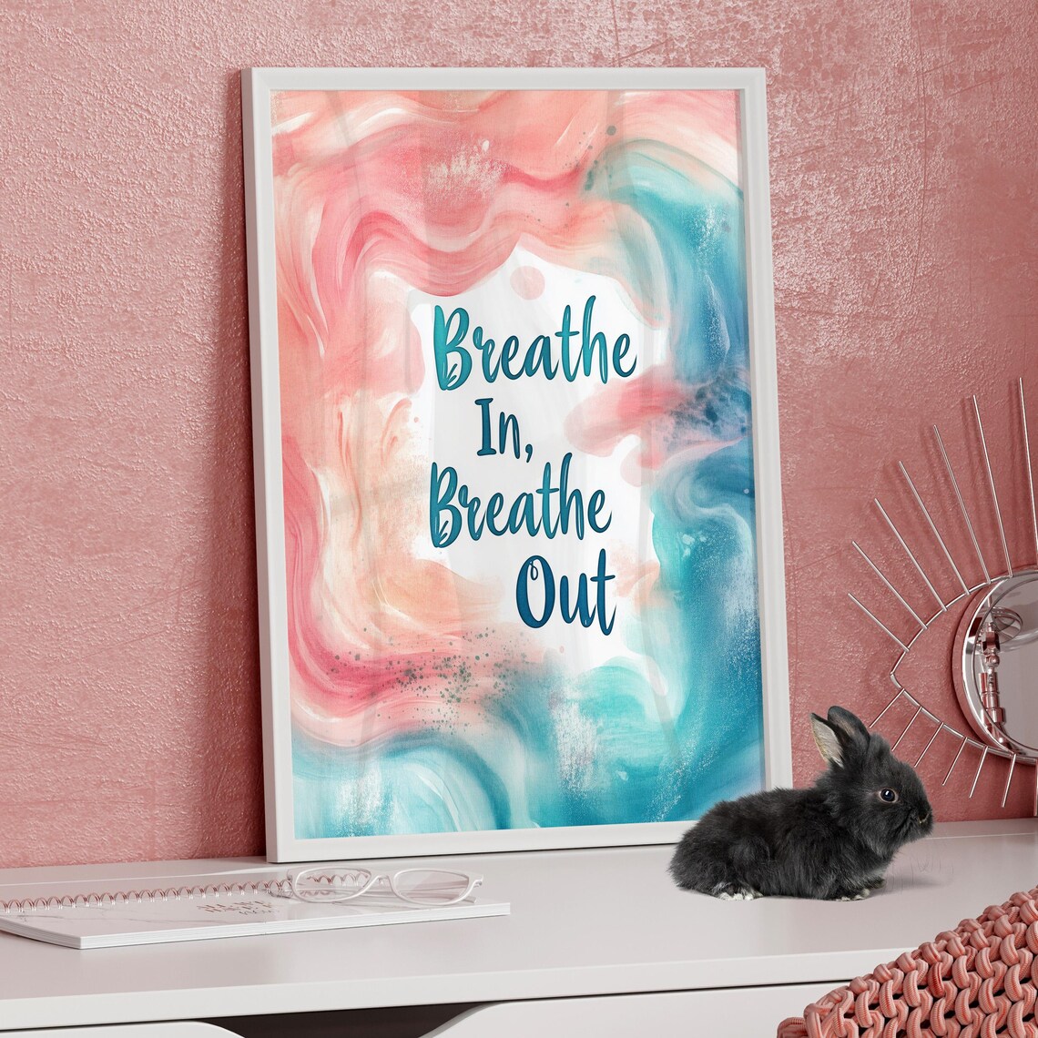 Breathe In Breathe Out Swirly Pink Teal Watercolor Quote Poster