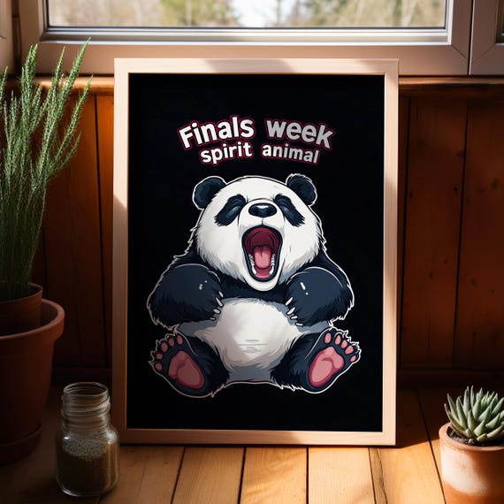 Finals Week Spirit Animal Typography Kawaii Sleepy Panda Vector Art On Black Poster Or Canvas Print Funny Quote Wall