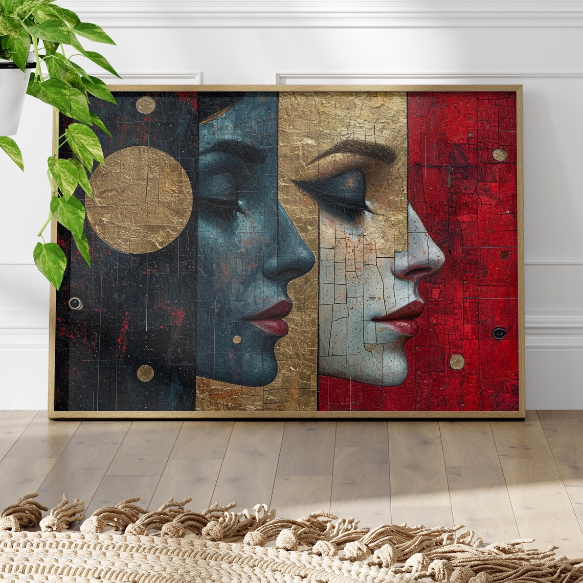 Dual Cosmic Female Face Red Gold Mystical Art Nouveau Poster