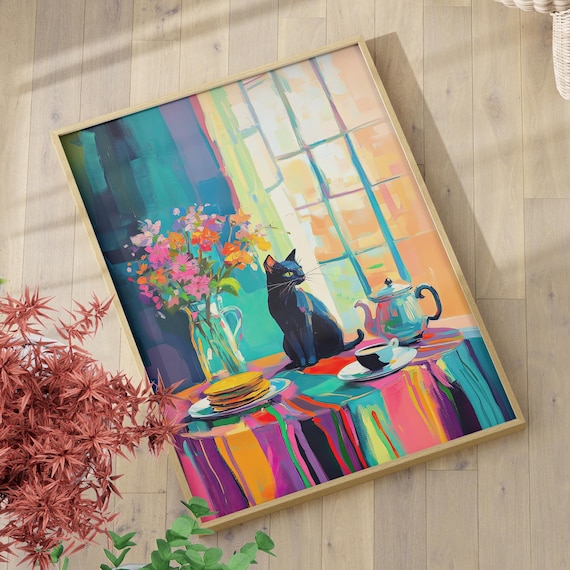 Black Cat on Breakfast Table Matisse Style Vibrant Art Poster
