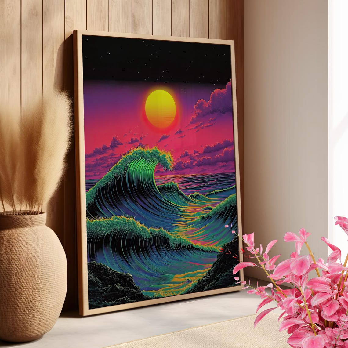 Neon Ocean Wave Sunset Vaporwave Synthwave Retro Surf Poster