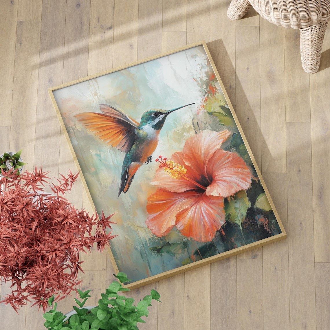 Hummingbird and Hibiscus Flower Watercolor Tropical Bird Art Poster