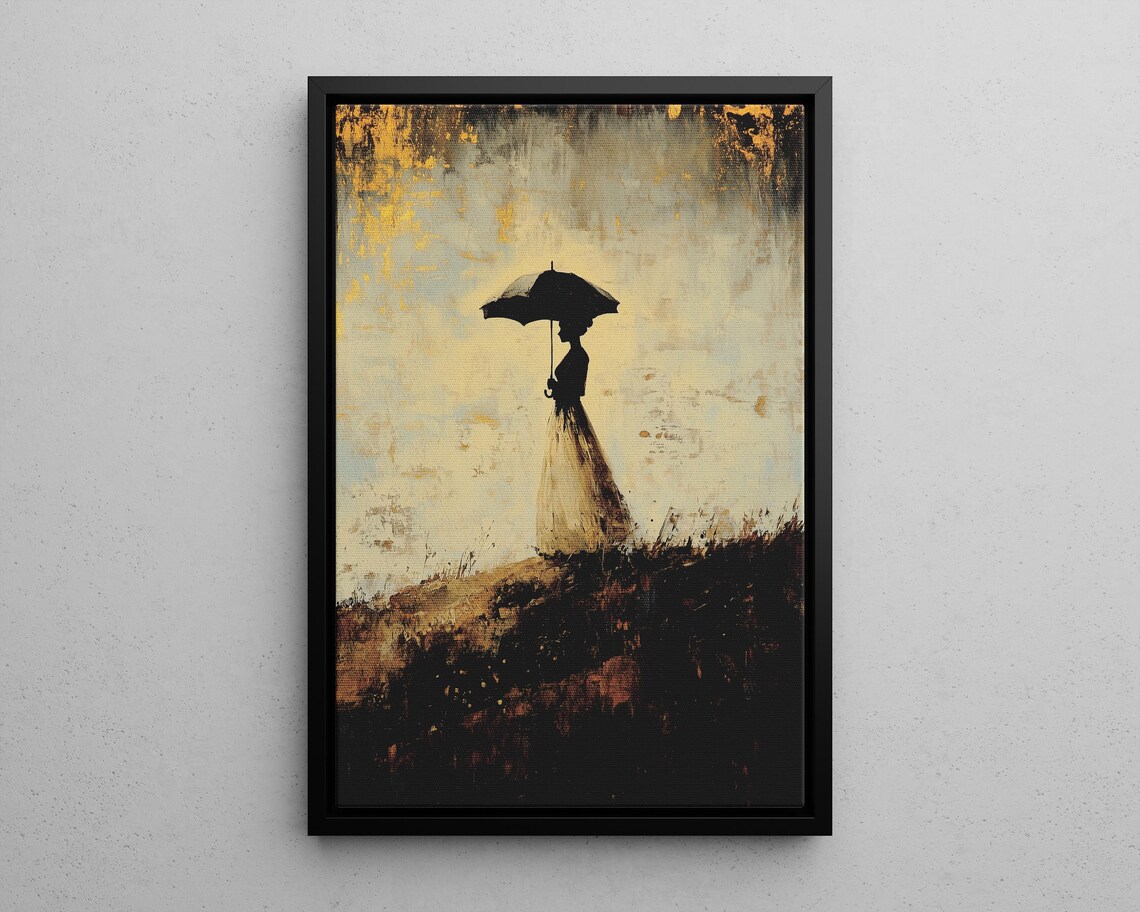 Victorian Lady Umbrella Silhouette Gold Tonal Painting Poster - Image 2