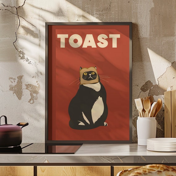 Cat Doing Things Black Bread Face Poster Or Canvas Print Posters Funny Kitchen Decor Retro Wall Art Humorous