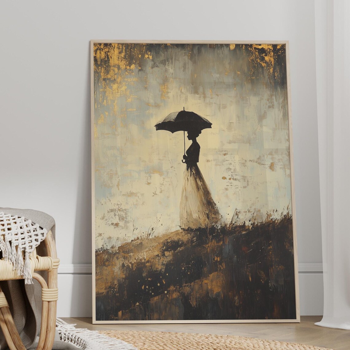 Victorian Lady Umbrella Silhouette Gold Tonal Painting Poster - Image 4