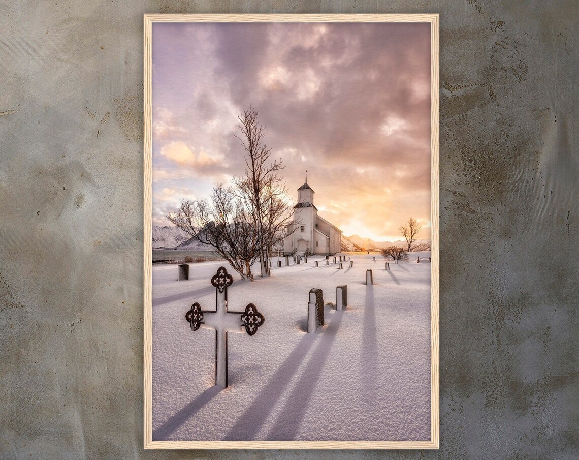 Gimsoy Church Lofoten Norway Sunrise Snowy Graveyard Winter Poster