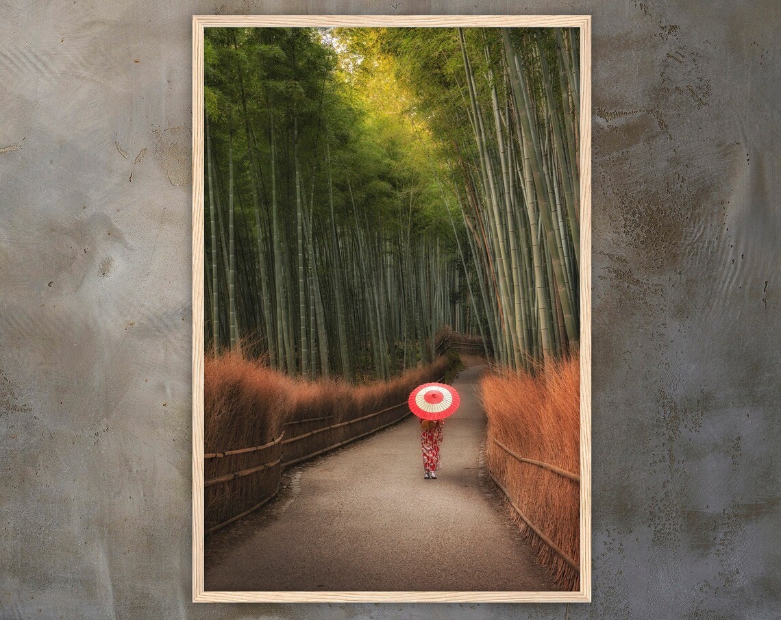 Bamboo Forest Path With Woman In Kimono Holding Red Umbrella Poster