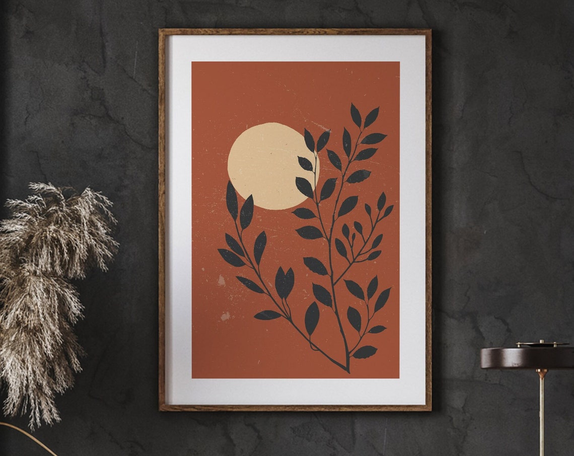 Warm Terracotta Botanical Abstract Branches with Moon Art Poster