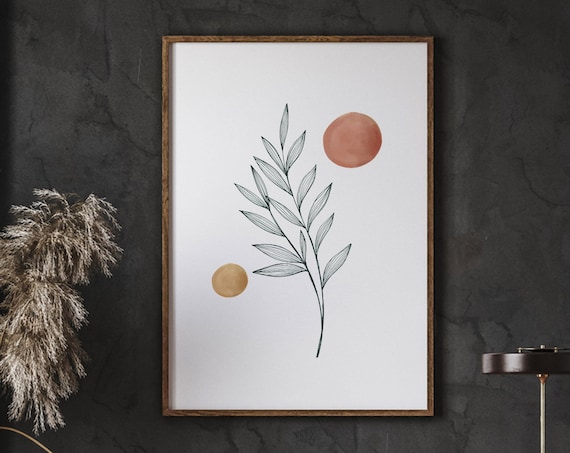 Minimal Burnt Orange Sun Olive Branch Modern Botanical Japandi Poster