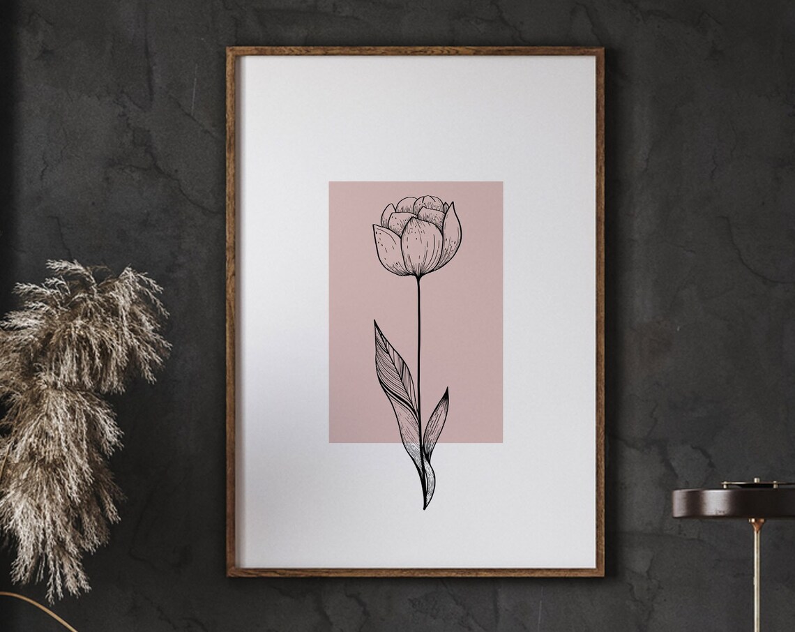 Single Rose Line Drawing Blush Pink Minimal Modern Botanical Floral Poster
