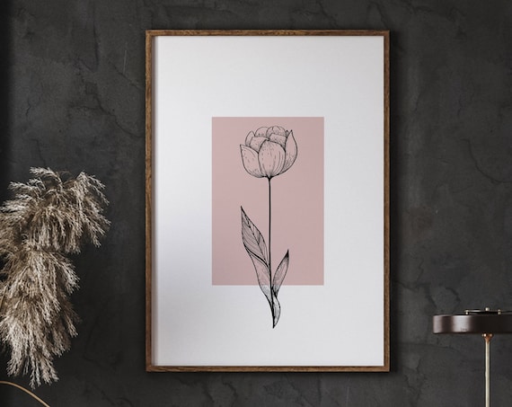 Single Rose Line Drawing Blush Pink Minimal Modern Botanical Floral Poster