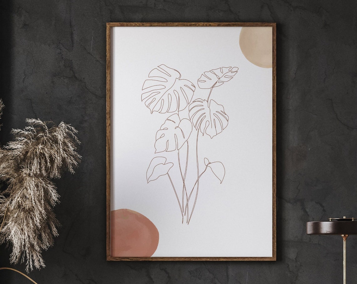 Monstera Leaf Burnt Orange And Mustard Art Sunrisesunset Fine Line Flower Drawing Florist Gift Minimalist Poster Wall