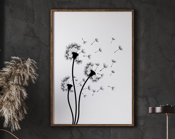 Dandelion Flower Silhouette Print Buds And Leaves Wall Minimalist Shape Art Black White