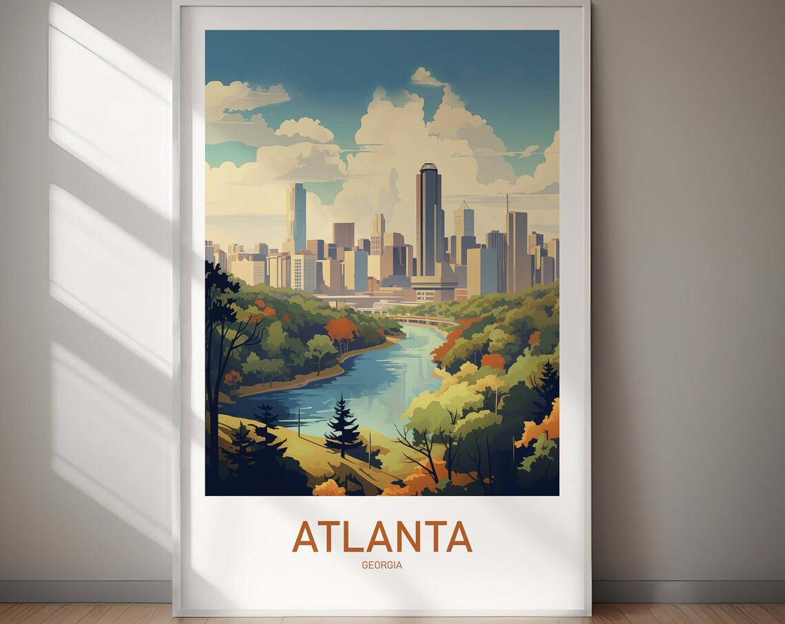 Atlanta Georgia Skyline Tree River Retro Travel Poster Artwork