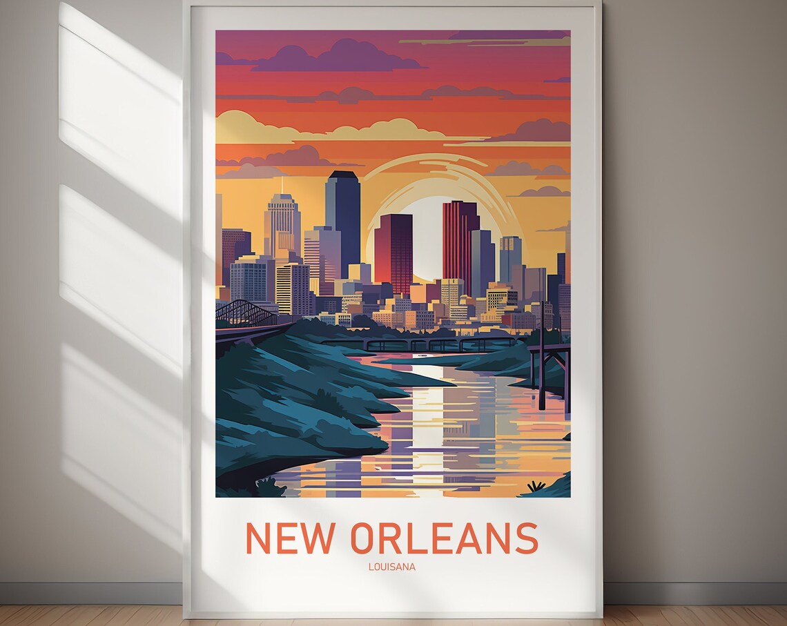 New Orleans Louisiana Sunset Skyline Retro Travel Poster River View