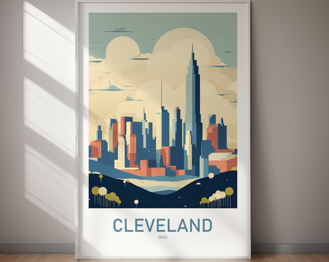 Cleveland Ohio Skyline Sunset Retro Travel Poster Lakefront Art