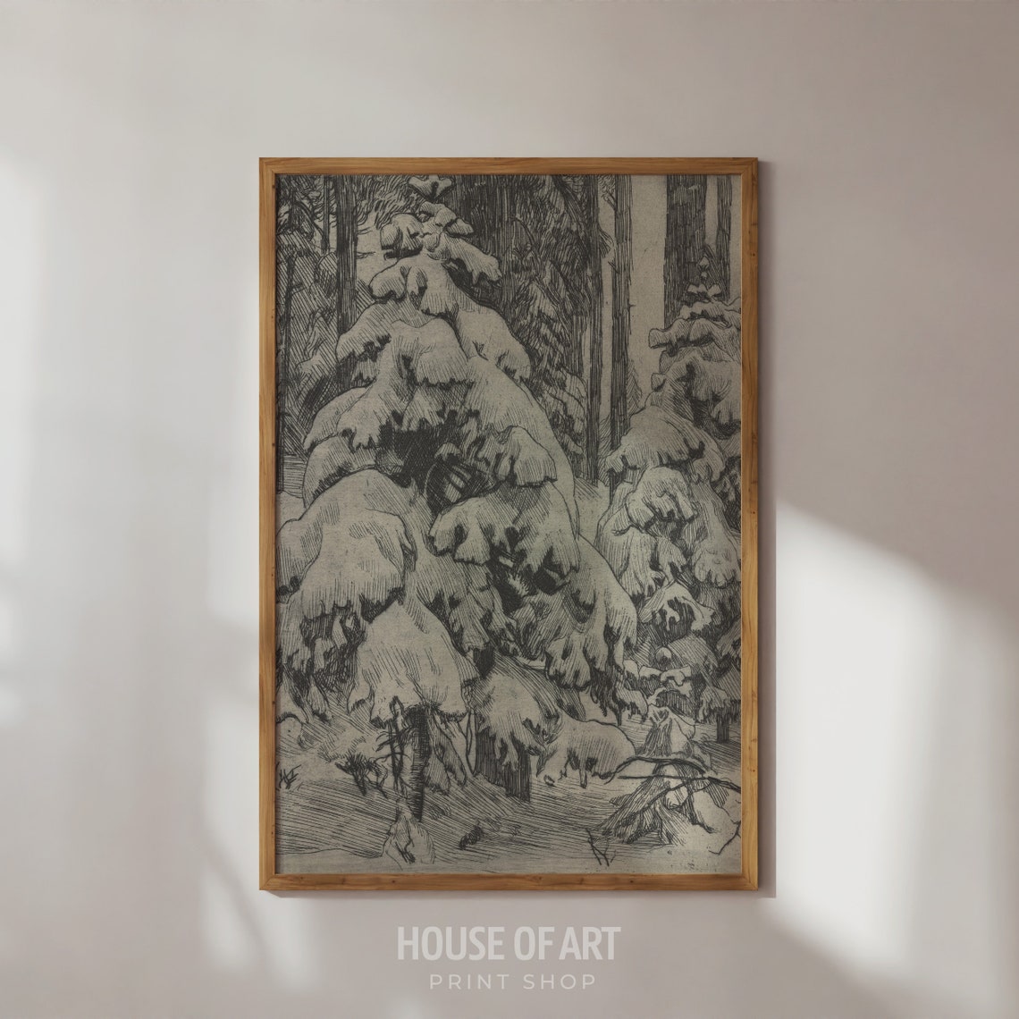 Snow Covered Pine Forest Winter Monochrome Etching Style Art Print