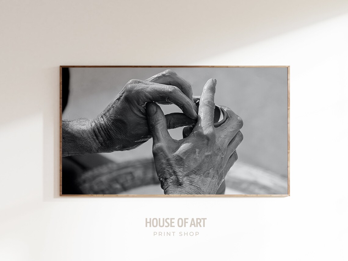 Potter Hands Shaping Clay Wheel Black White Photography Print - Image 3