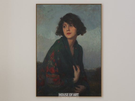 Vintage Portrait Art Classical Beauty Art Young Woman Oil Painting Light Skin Dark Hair Moody Art Boutique Wall Art