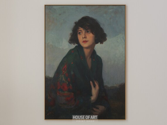 Vintage Portrait of Young Woman Dark Bob Hair Embroidered Shawl Oil Print