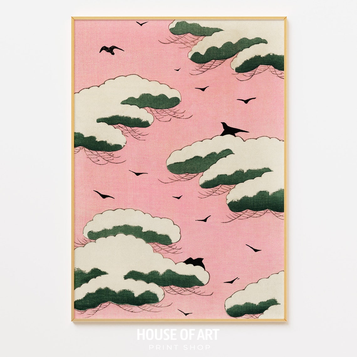 Vintage Japanese Pink Sky Clouds Flying Birds Retro Wall Art