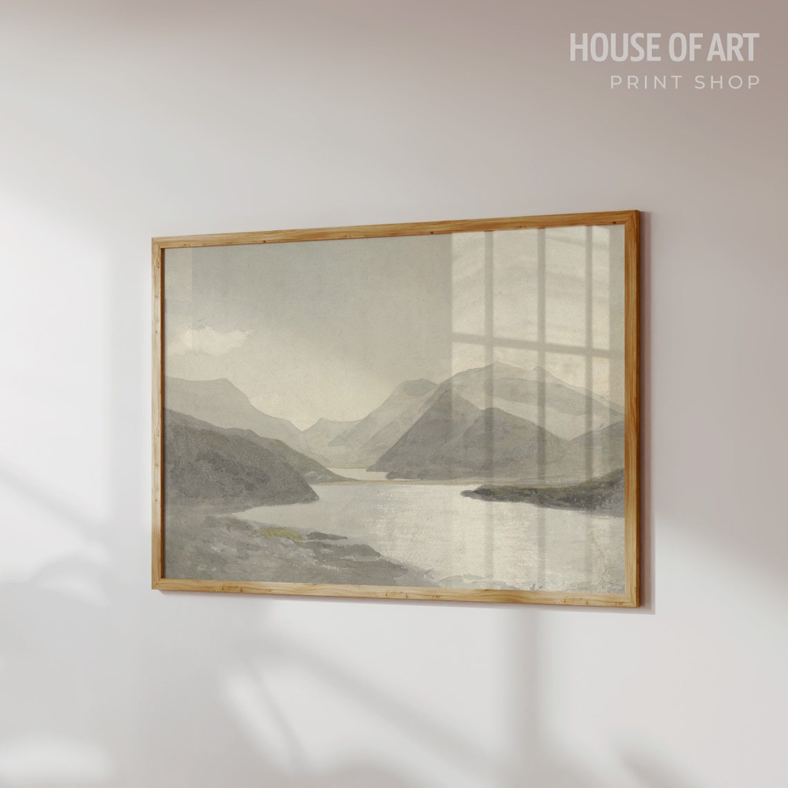 Calm Misty Lake Mountain Watercolor Grey Serene Landscape Print - Image 3