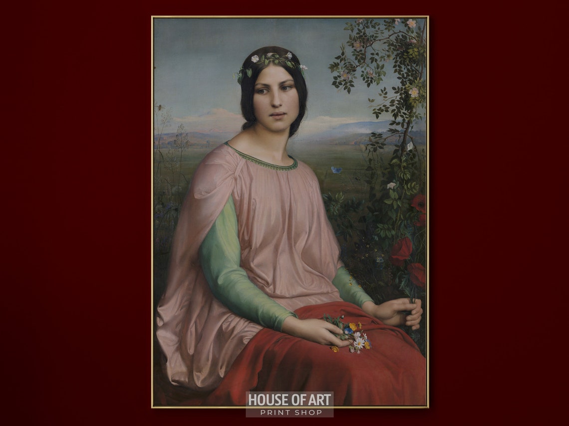 Vintage Female Portrait Print Young Woman Sitting With Flower Bouquet Antique Oil Painting Wall Art - Image 2