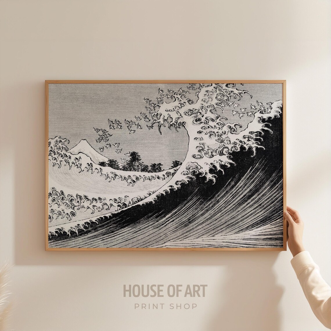 Great Wave Black and White Japanese Woodblock Style Ocean Art Print