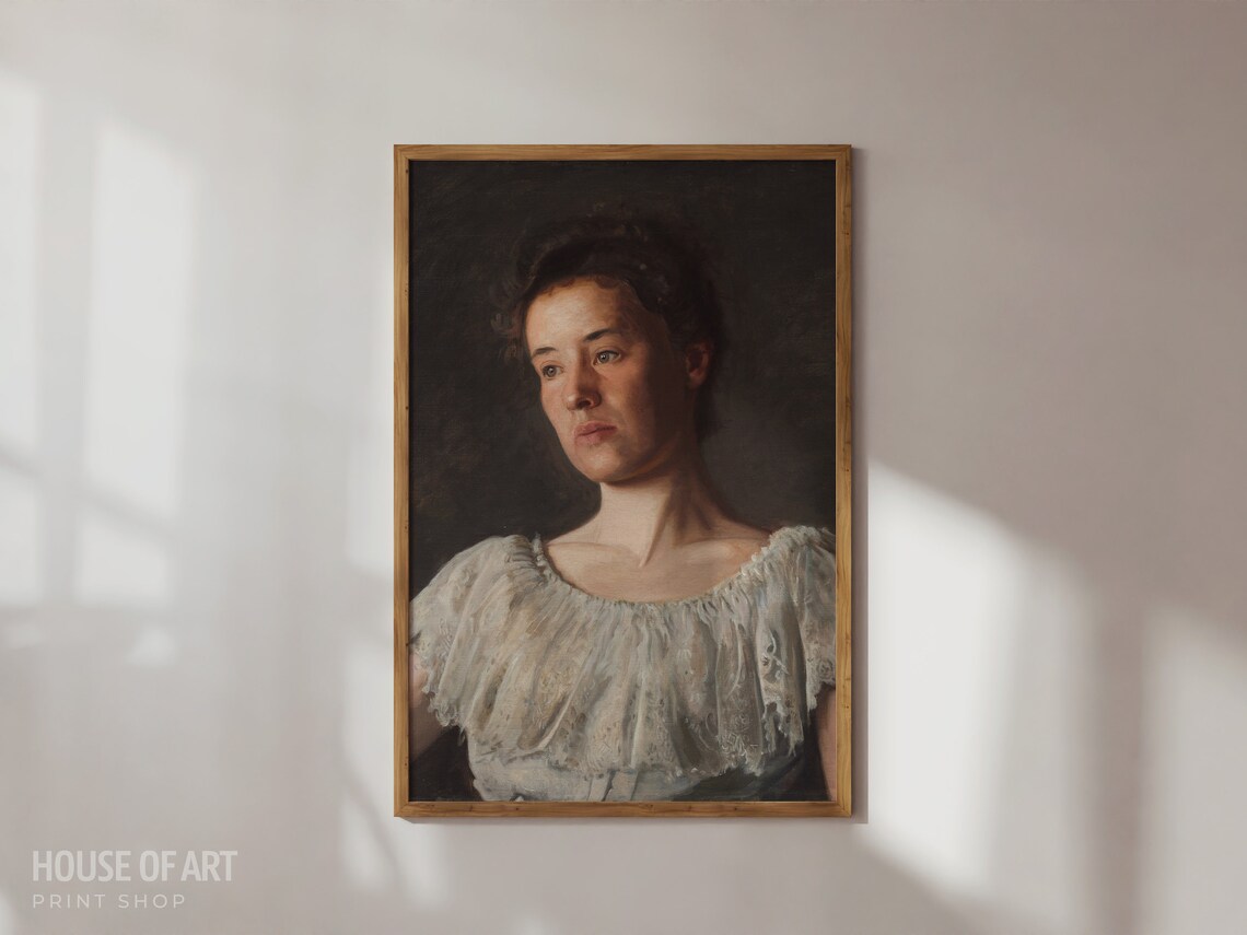 Dreamy Young Woman Portrait Vintage Oil Painting Soft Gaze Print