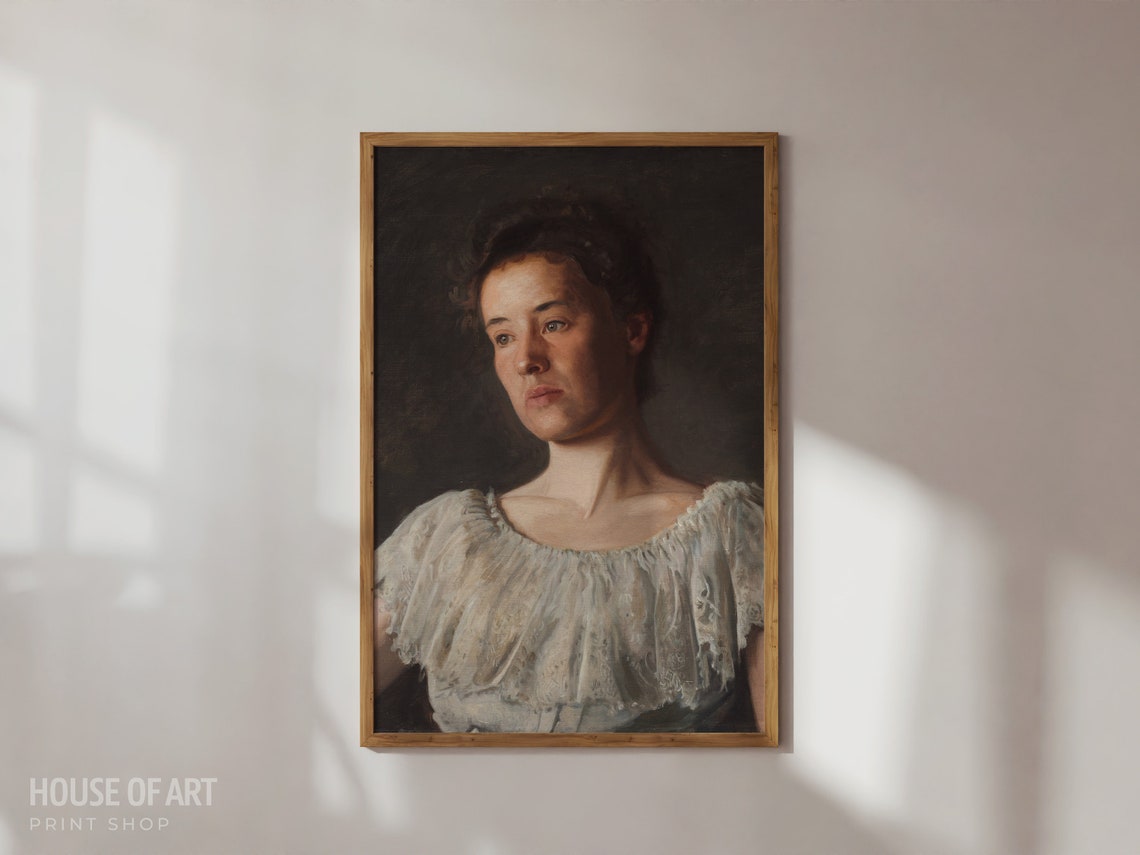 Vintage Female Portrait Painting Beautiful Woman Dreamy Soft Gaze Oil Painting Young Woman Portrait Neutral Wall Art Wall Art