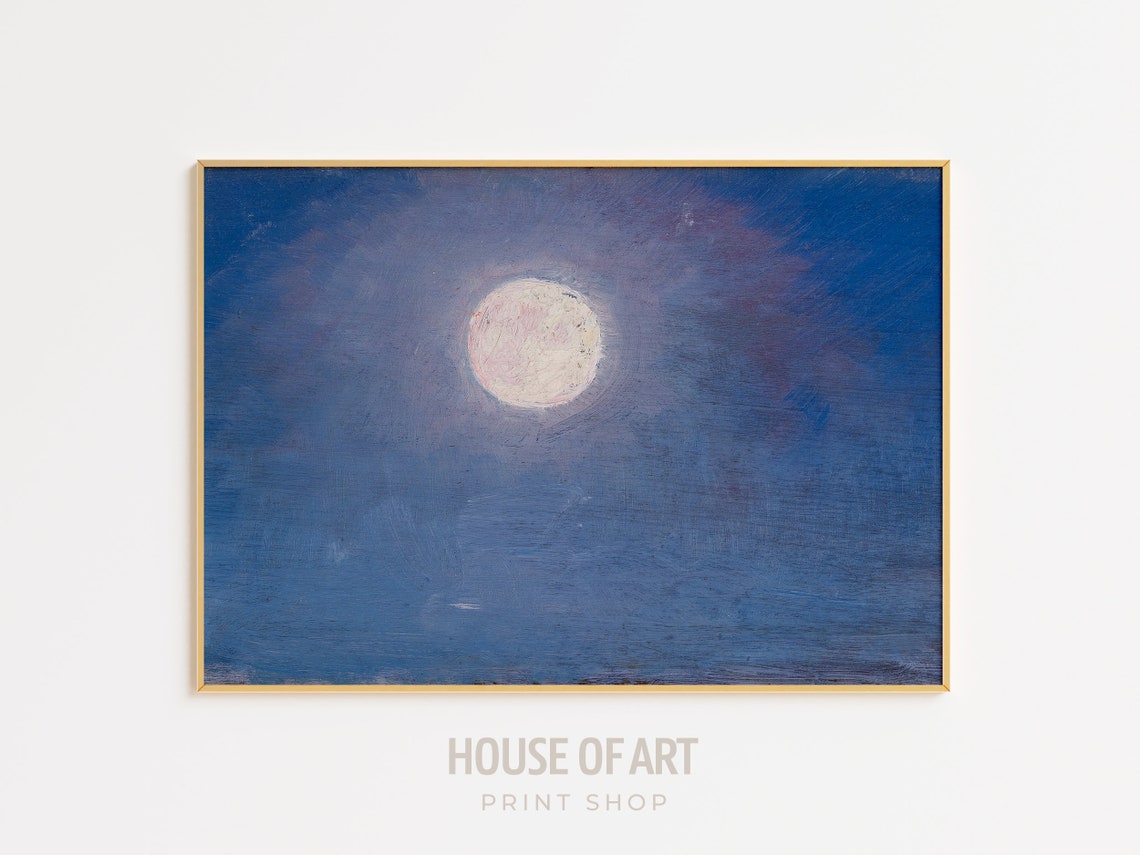 Glowing Full Moon Blue Night Sky Celestial Oil Painting Print