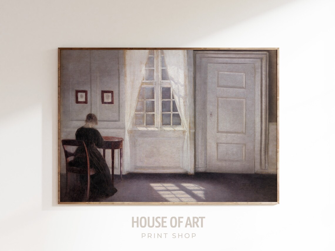 Moody Danish Interior Woman by Window Sunlit Room Vintage Painting Poster