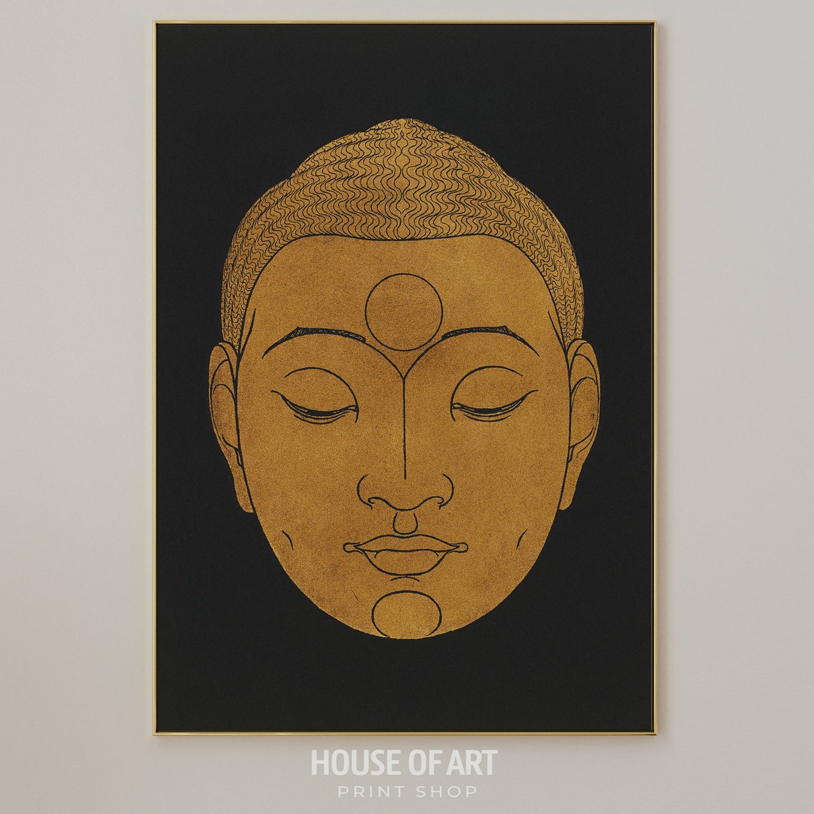 Golden Buddha Face Black Background Zen Woodcut Spiritual Wall Poster - Image 2