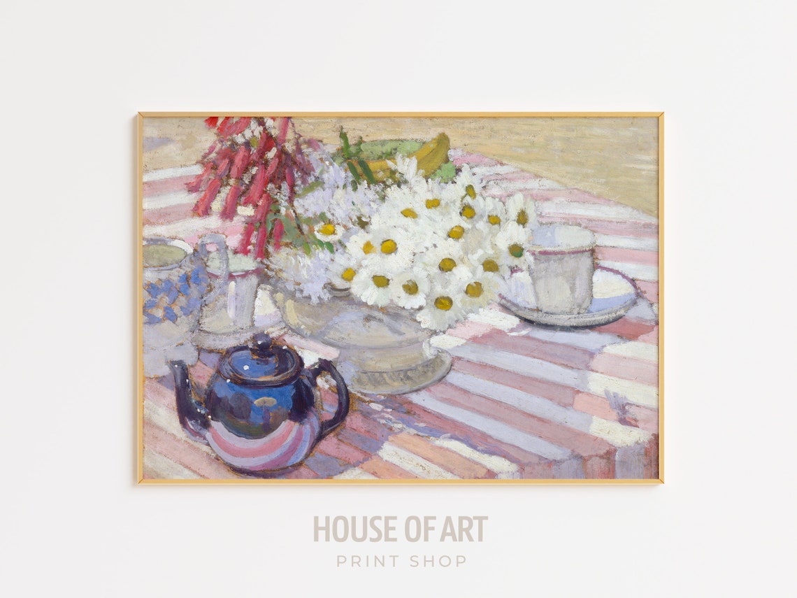 Daisies Blue Teapot Pink Striped Tablecloth Bright Still Life Poster
