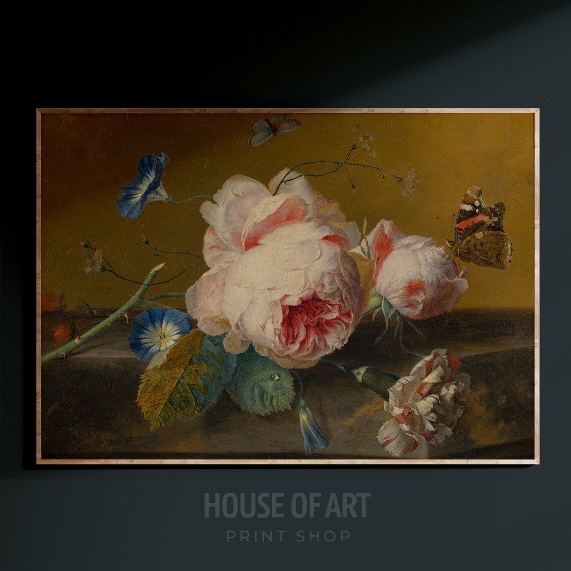 Pink Roses Butterflies Dutch Floral Oil Painting Still Life Poster - Image 3