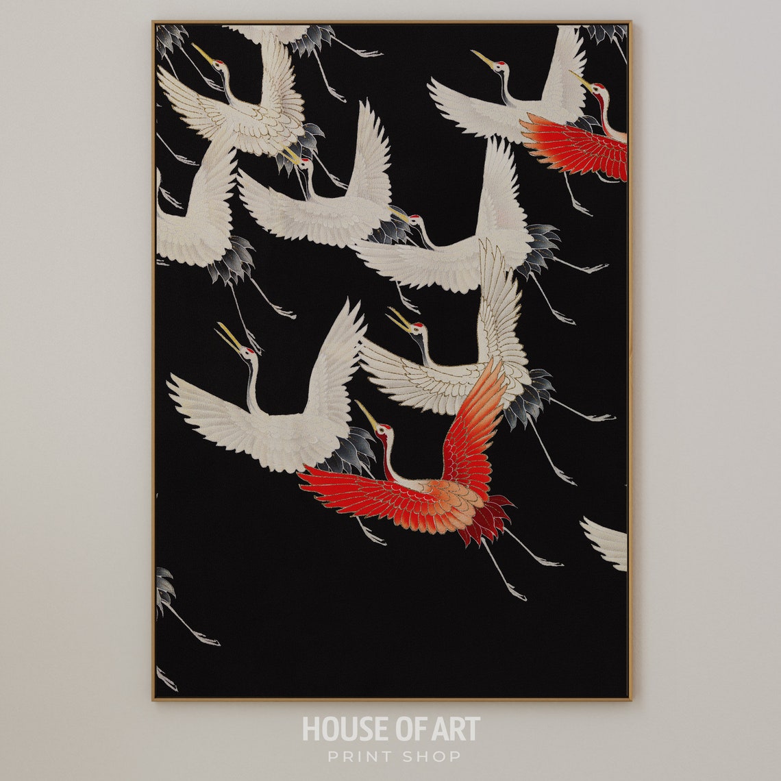 Japanese Cranes Woodblock White Red Birds Black Background Art Poster - Image 3