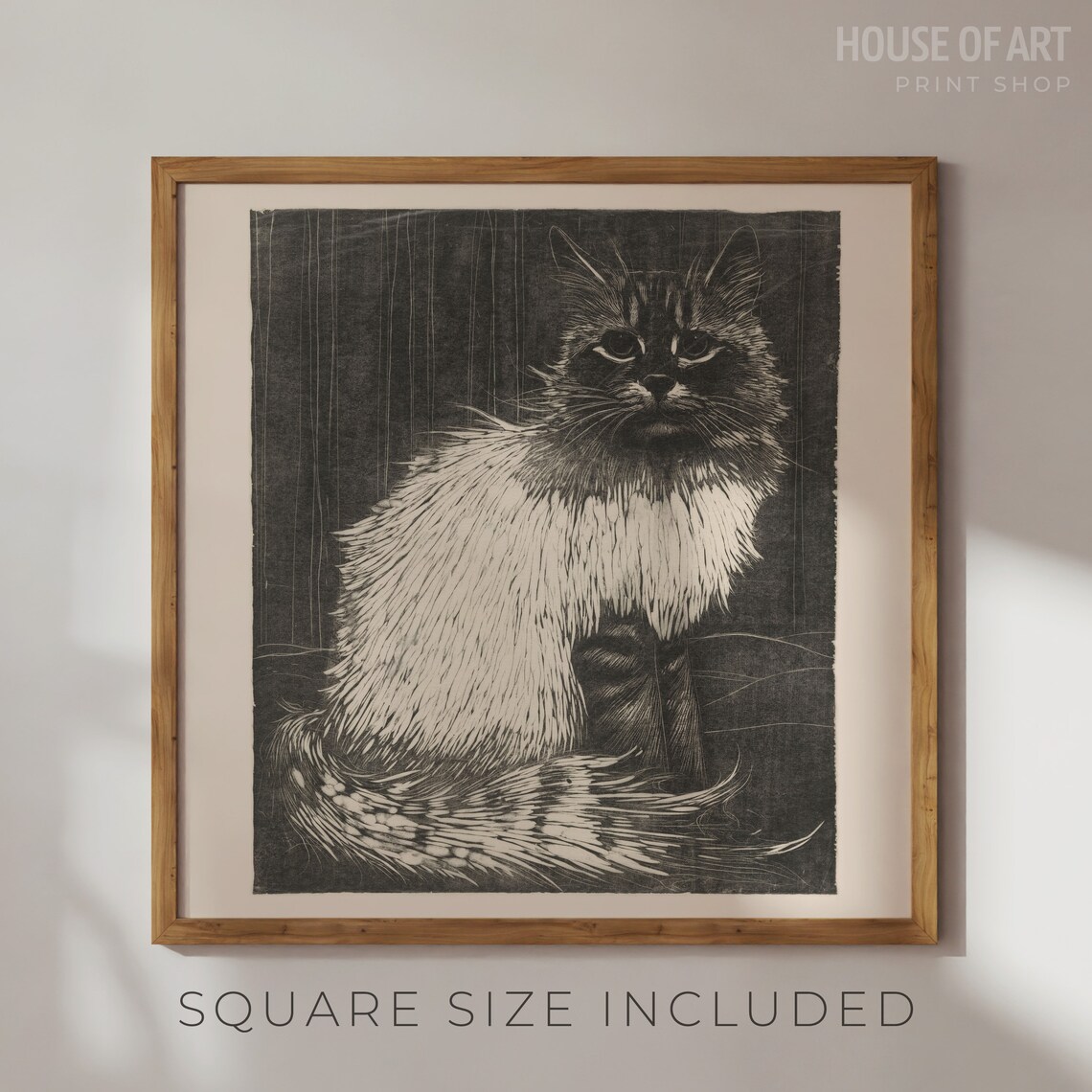 Long-Haired Angora Cat Vintage Black And White Woodcut Art Print - Image 2