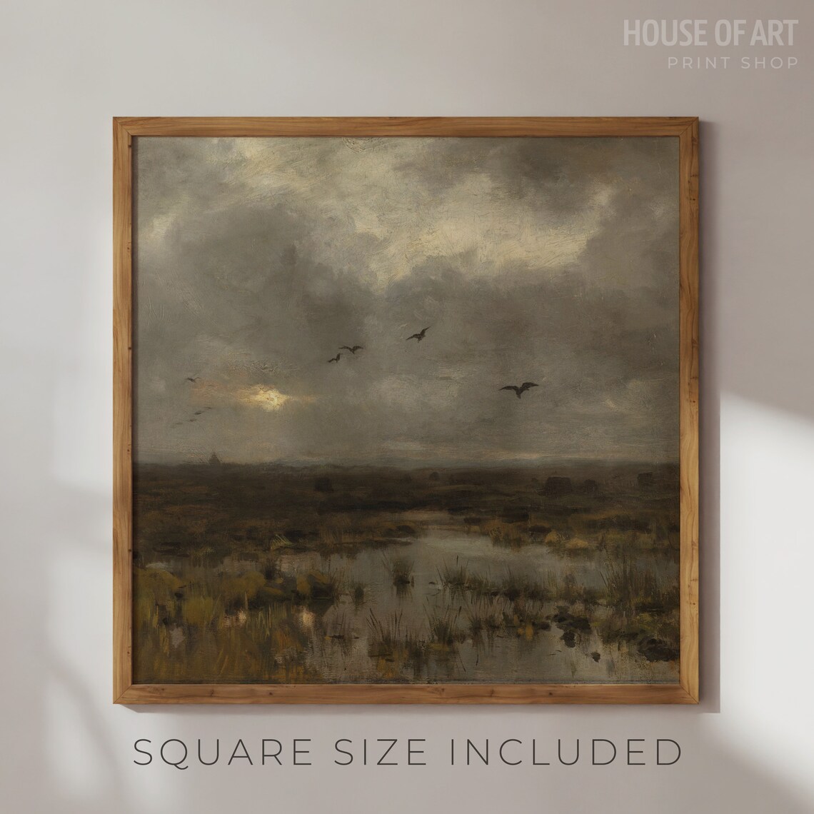 Moody Marsh Landscape Flying Birds Dark Cloudy Sky Vintage Painting Print - Image 2