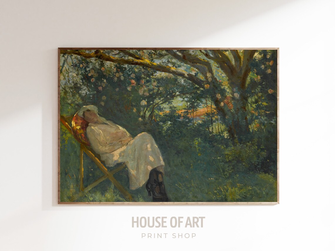 Impressionist Woman Reclining Garden Chair Under Trees Summer Art Print - Image 3