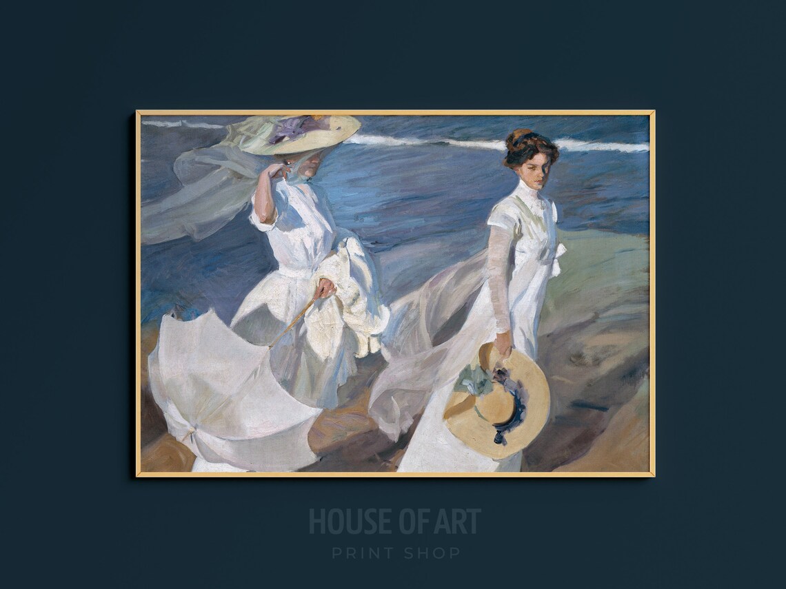 Sorolla Strolling Seashore Two Women White Dresses Beach Oil Painting Poster - Image 3