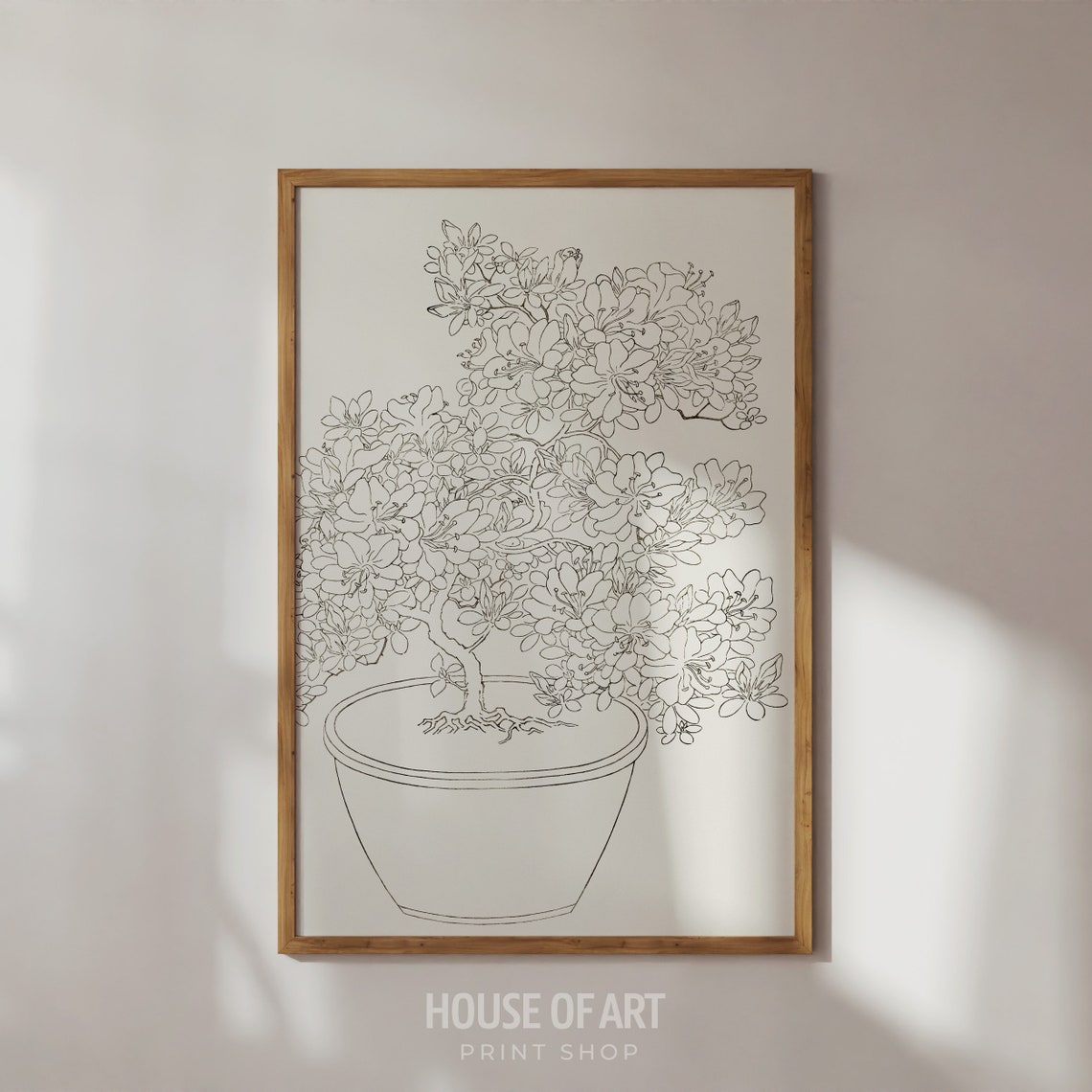 Blooming Bonsai Azalea Line Drawing Japanese Botanical Art Poster