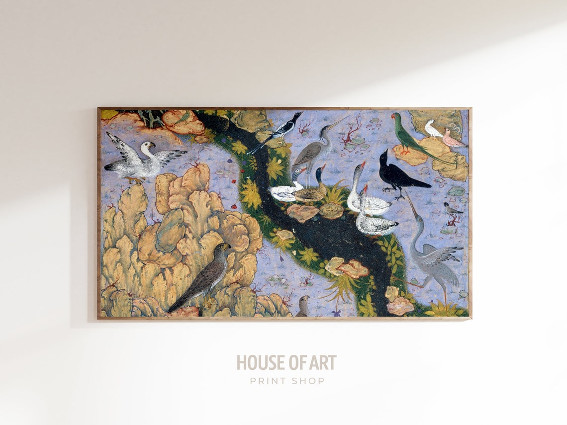 Persian Miniature Birds Falcon Heron Parrot Stream Art Poster - Image 3