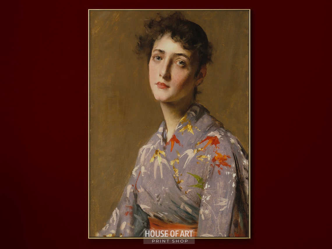 Vintage Portrait Art Female Beauty Kimono Instant Print Young Woman Japanese Costume Dress Profile Oil Painting - Image 2